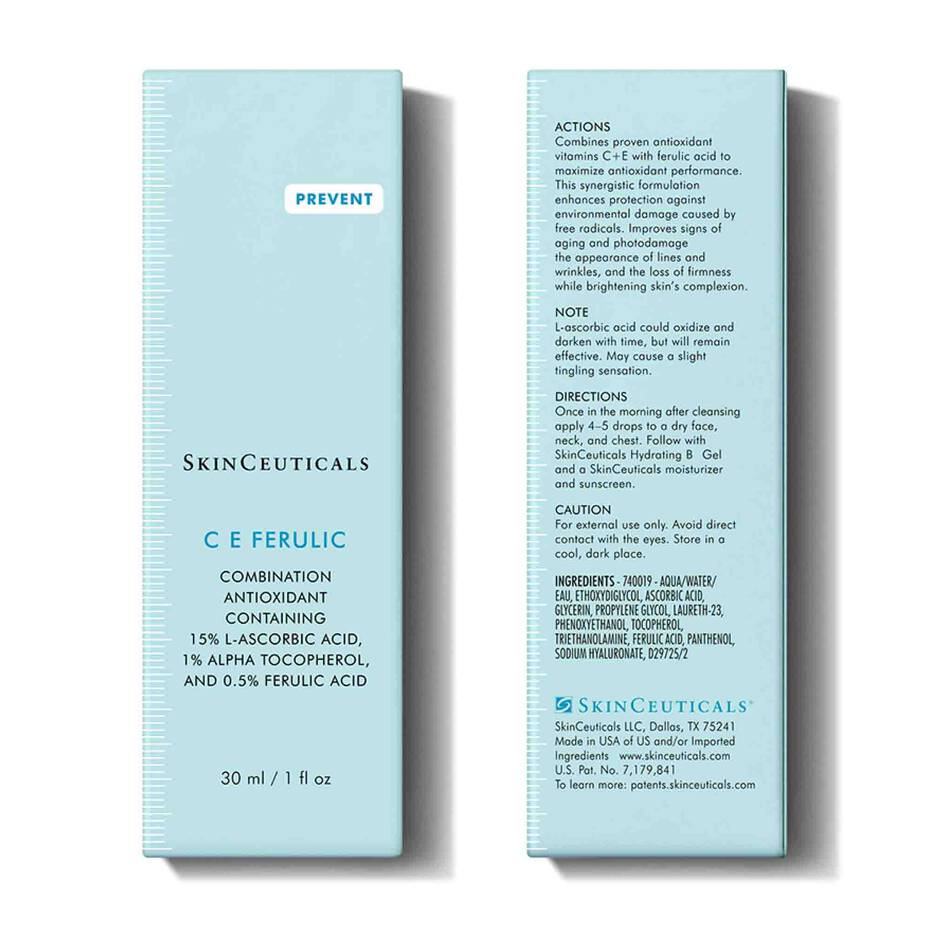 SkinCeuticals CE Ferulic antioxidant serum box with front and back view showing product details and directions