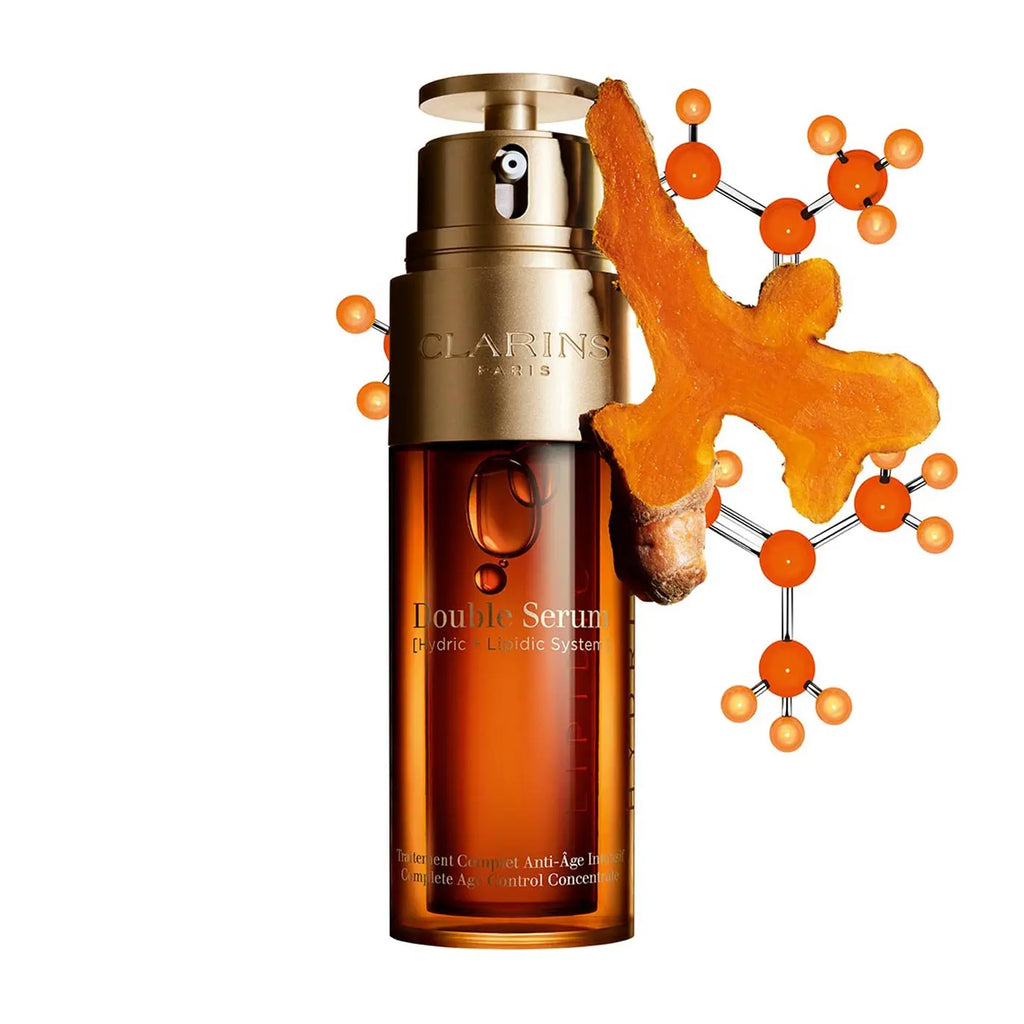 Clarins Double Serum bottle with turmeric root and molecular structure highlighting Clarins Double Serum wholesale lot