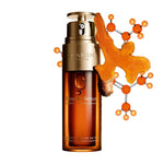 Clarins Double Serum bottle with turmeric root and molecular structure highlighting Clarins Double Serum wholesale lot