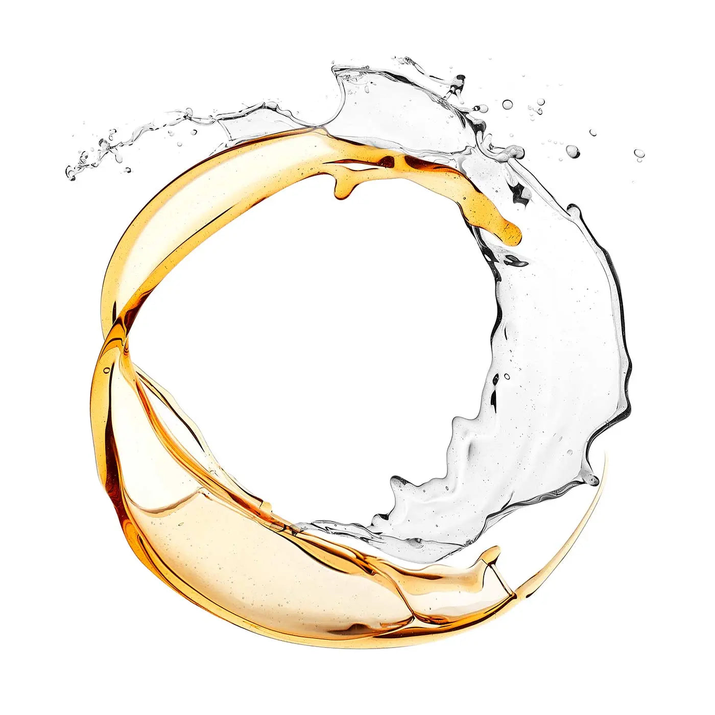 Swirling amber and clear liquid representing Clarins Double Serum wholesale lot ingredients blend
