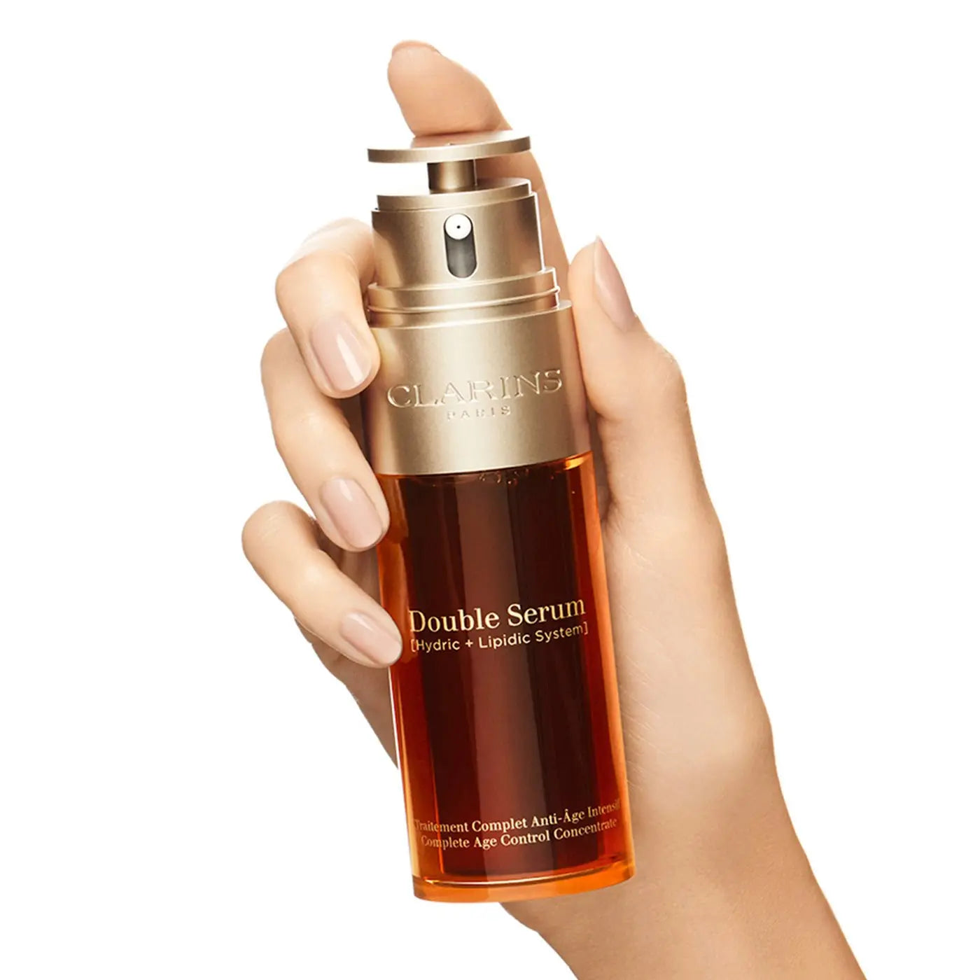 Clarins Double Serum bottle held in hand for Clarins Double Serum wholesale lot by Think AtoZ Ltd