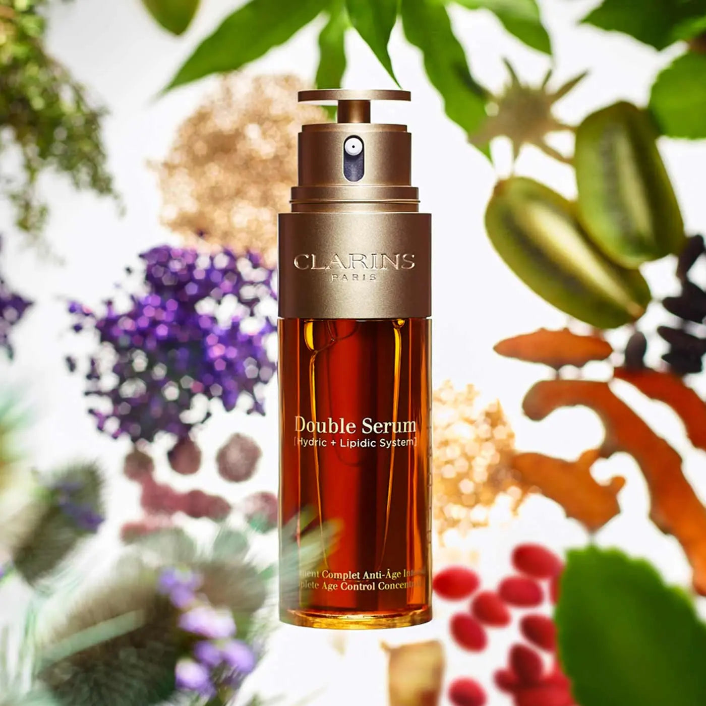Clarins Double Serum bottle with herbal background for Clarins Double Serum wholesale lot