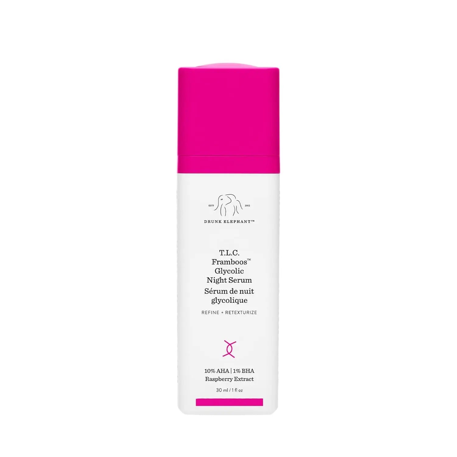 Drunk Elephant glycolic night serum bottle with pink cap and white body by Think AtoZ Ltd