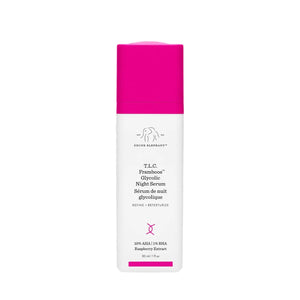 Drunk Elephant glycolic night serum bottle with pink cap and white body by Think AtoZ Ltd