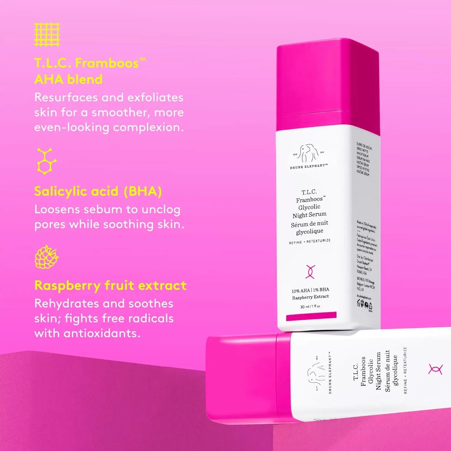 Drunk Elephant glycolic night serum bottle with pink cap on a pink background highlighting key ingredients and benefits