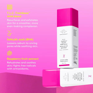 Drunk Elephant glycolic night serum bottle with pink cap on a pink background highlighting key ingredients and benefits