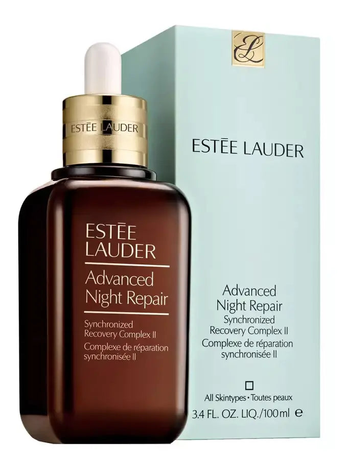 Estee Lauder Advanced Night Repair 100ml serum bottle with dropper and blue packaging box