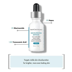 SkinCeuticals Discoloration Defense Serum bottle with key ingredients and benefits for brighter skin