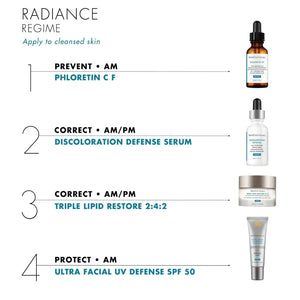 Skinceuticals Discoloration Defense Serum in white bottle as step two in Radiance Regime skincare routine
