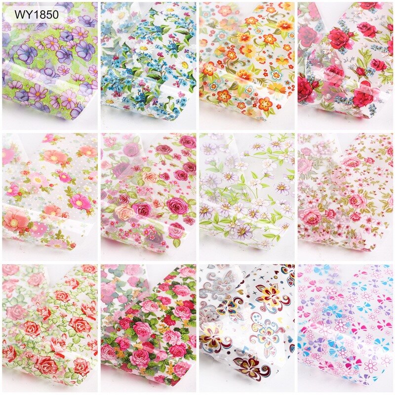 12 Pieces/Set Nail Art Foil Stickers 3D Rose Flowers Leaf Transfer Foil Nails Decal Wraps Sliders for Nails Art Decorations Strips Nail Decals