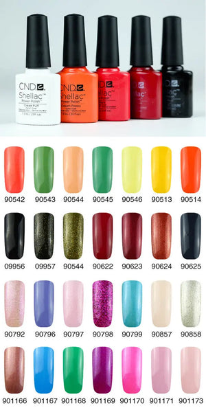 CND Shellac gel nail polish collection by ThinkAtoZ featuring various vibrant colors and shades with five polish bottles