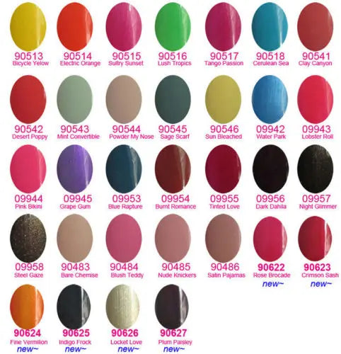 CND Shellac gel nail polish color chart with 33 vibrant shades including Bicycle Yellow Electric Orange and Crimson Sash