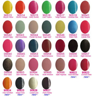 CND Shellac gel nail polish color chart with 33 vibrant shades including Bicycle Yellow Electric Orange and Crimson Sash
