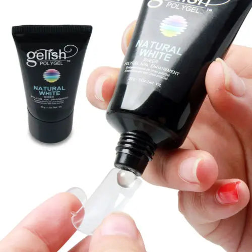 Gelish Harmony PolyGel Builder Gel Natural White tube being applied on nail tip for Gelish PolyGel nail extension