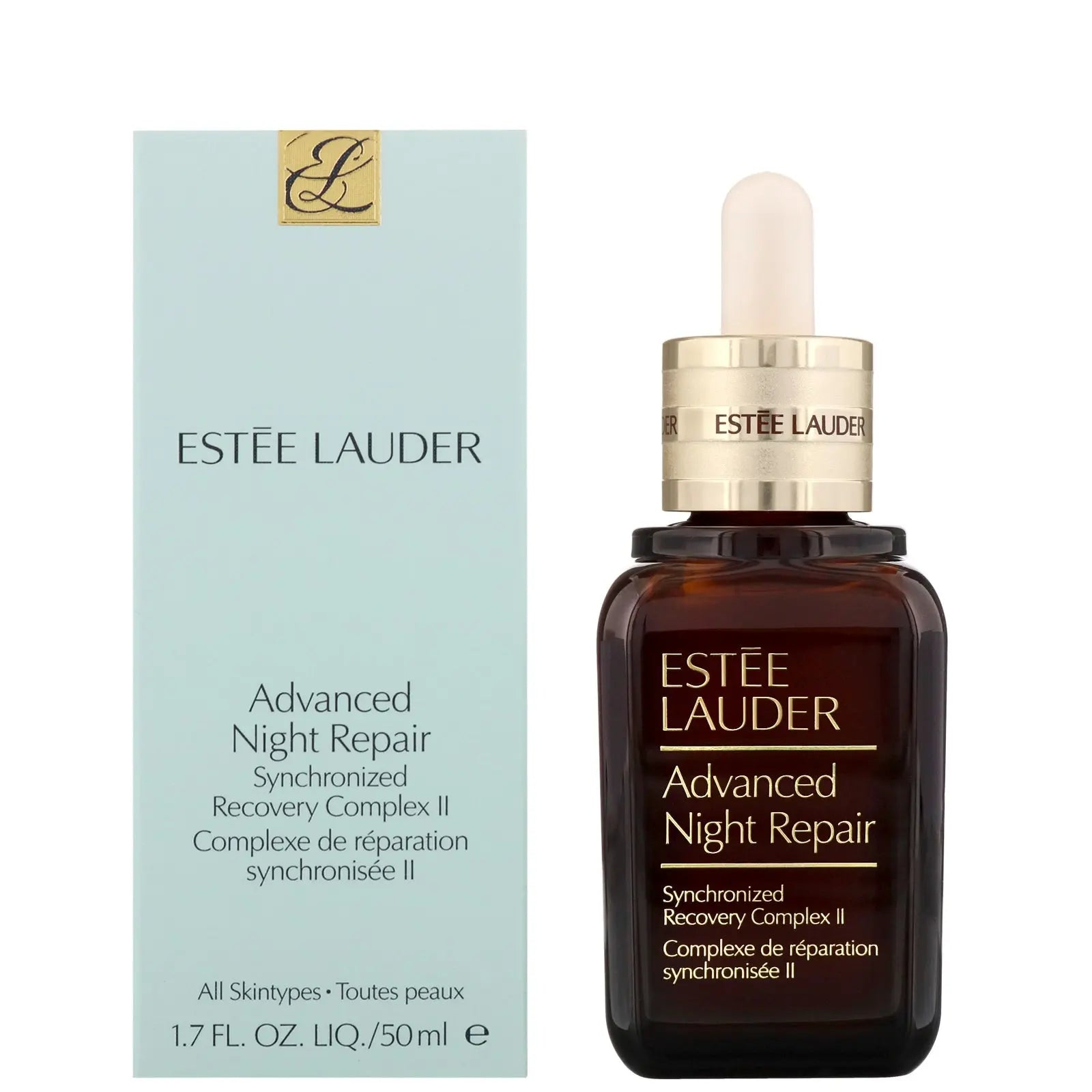 Estee Lauder Advanced Night Repair serum bottle with dropper and light blue box packaging