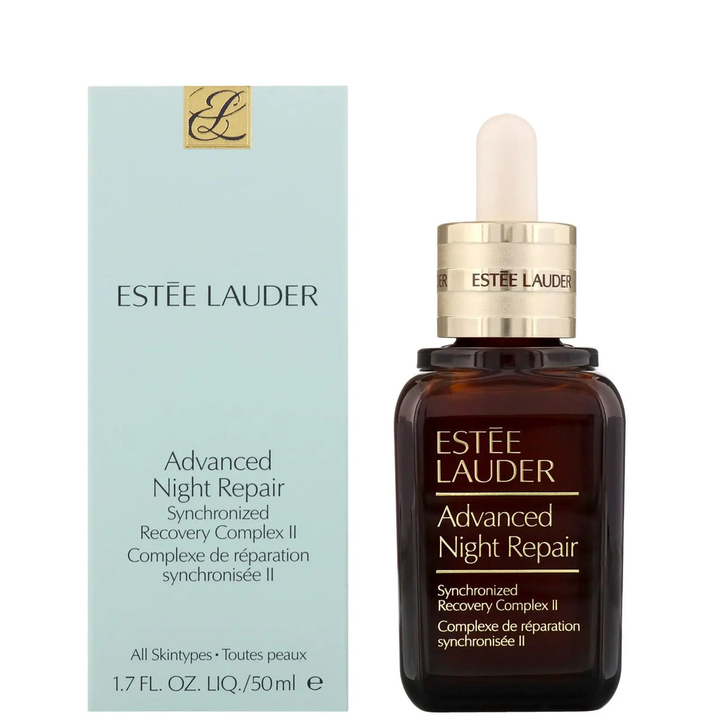 Estee Lauder Advanced Night Repair serum bottle with dropper and light blue box packaging