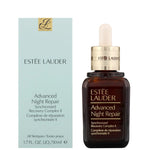 Estee Lauder Advanced Night Repair serum bottle with dropper and light blue box packaging