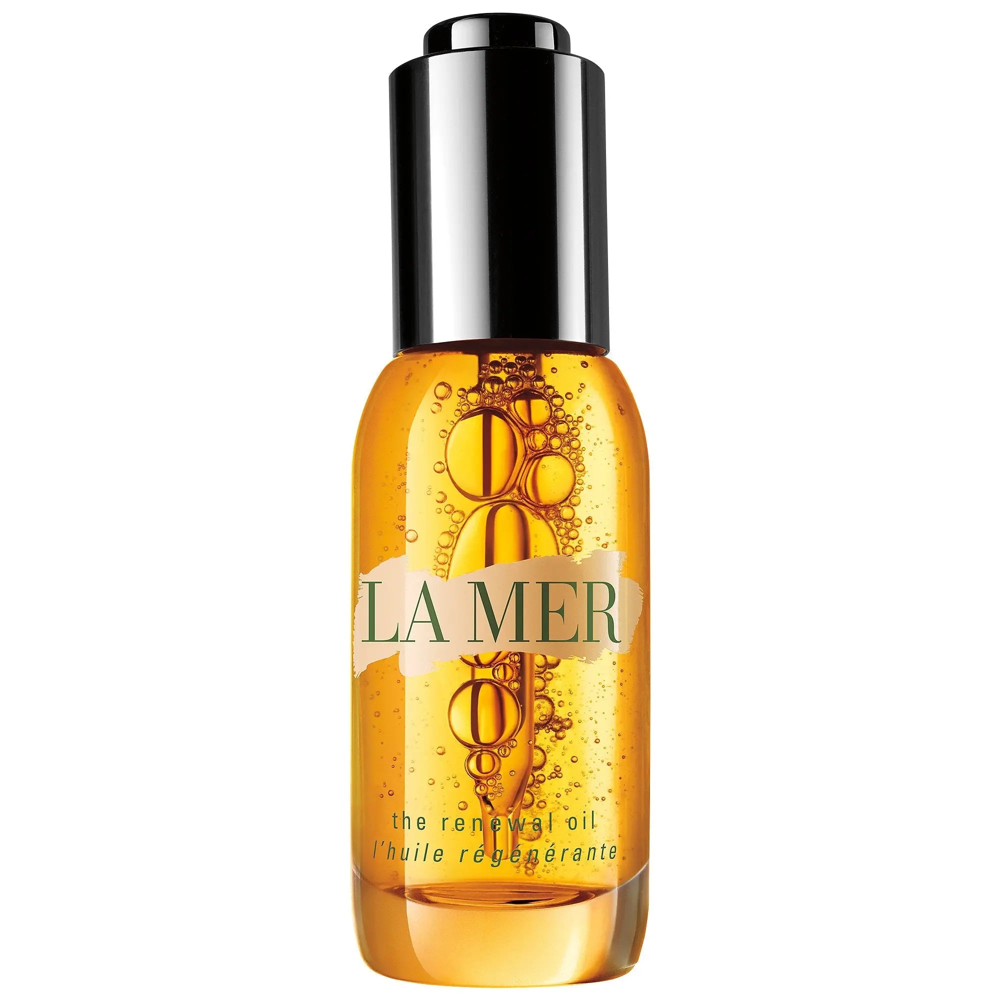 La Mer Renewal Oil 30ml in clear bottle with black cap showing golden oil and bubbles