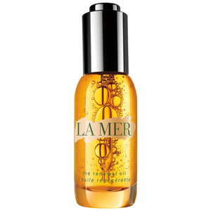 La Mer Renewal Oil 30ml in clear bottle with black cap showing golden oil and bubbles