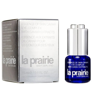 La Prairie Skin Caviar Eye Complex blue bottle with silver cap and silver box packaging