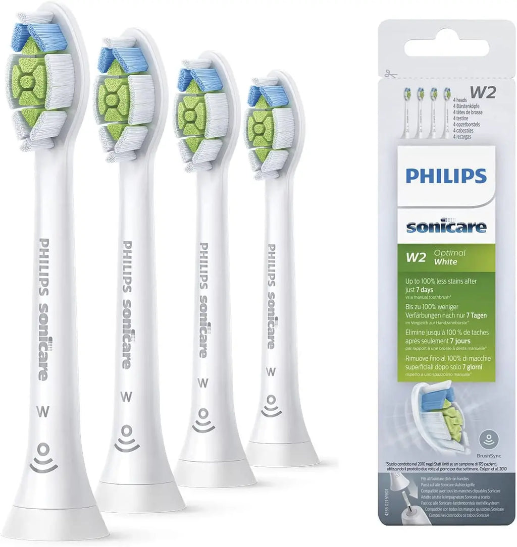 Philips Sonicare W2 Optimal White toothbrush heads pack with four replacement brush heads shown beside packaging