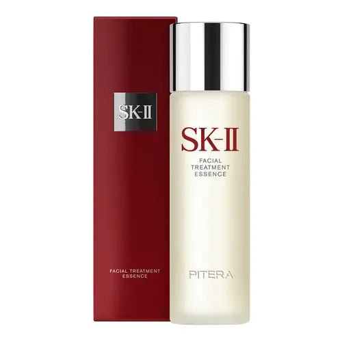 SK-II facial treatment essence wholesale bottle with silver cap next to red packaging box