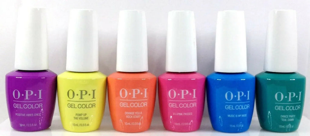 Six vibrant OPI Gelcolor Neon collection gel nail polish bottles from Think AtoZ Ltd in purple yellow orange pink blue and green