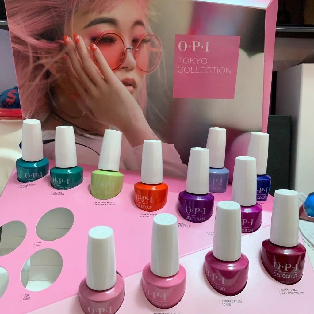 OPI Tokyo gel polish collection display with vibrant colorful gel polish bottles