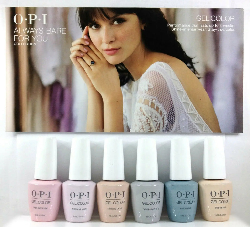 OPI Gelcolor Always Bare For You collection gel nail polishes in six pastel shades displayed with promotional card