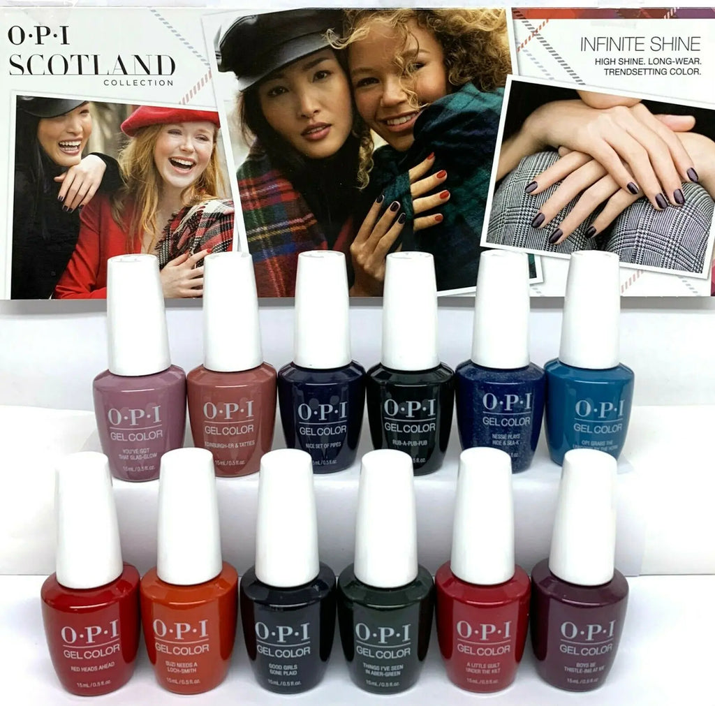 OPI Scotland gel polish collection by Think AtoZ Ltd with twelve vibrant gel color bottles displayed