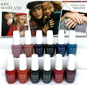 OPI Scotland gel polish collection by Think AtoZ Ltd with twelve vibrant gel color bottles displayed