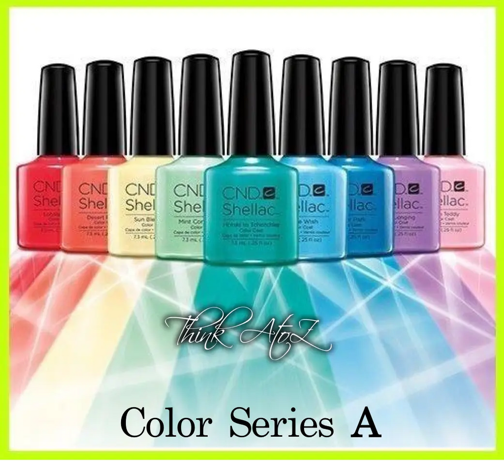ThinkAtoZ CND Shellac soak off gel nail polish color series A with vibrant bottles in various shades