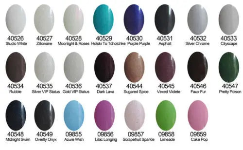 ThinkAtoZ CND Shellac gel nail polish color swatches including Studio White, Zillionaire, Moonlight Roses, Purple Purple, Asphalt, Silver Chrome, Cityscape, and others