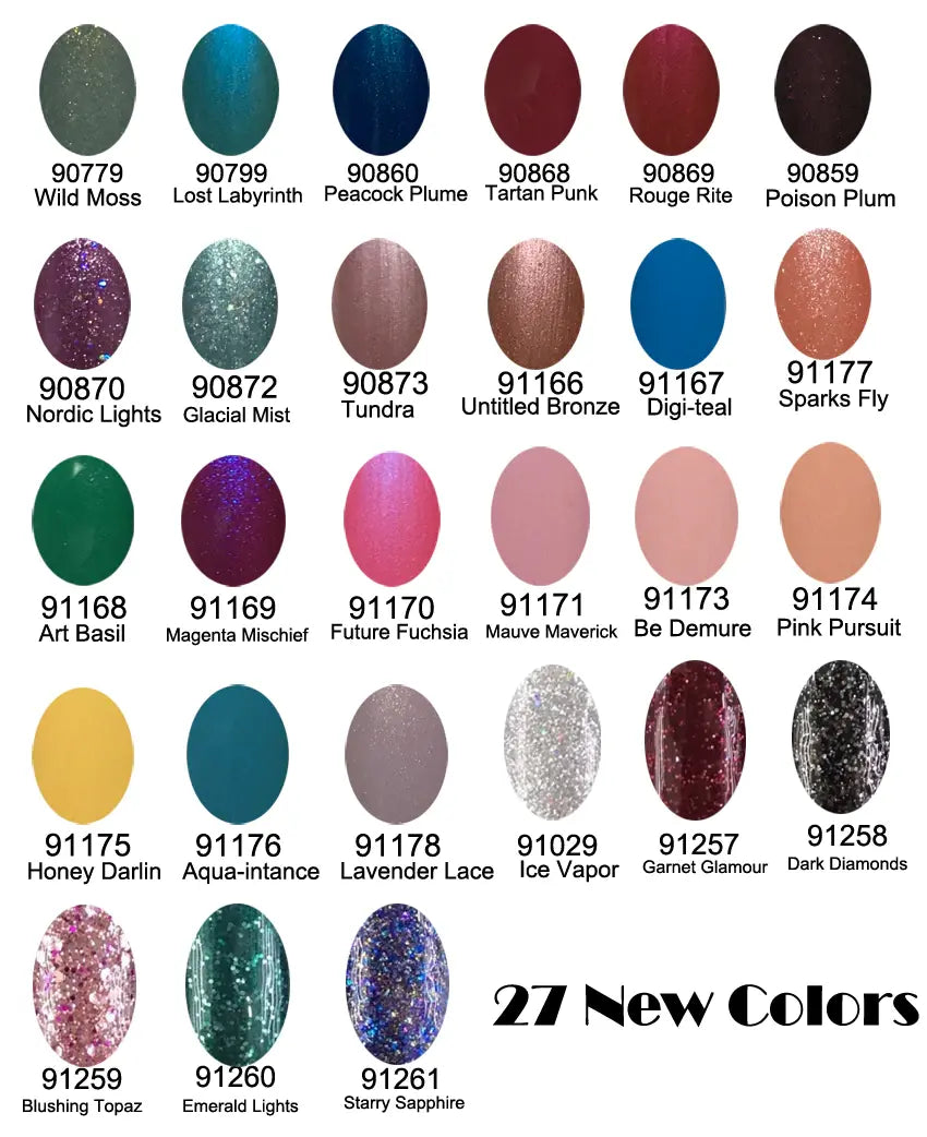 CND Shellac gel nail polish 27 new colors swatch palette including Wild Moss, Peacock Plume, Rouge Rite, Nordic Lights, and more
