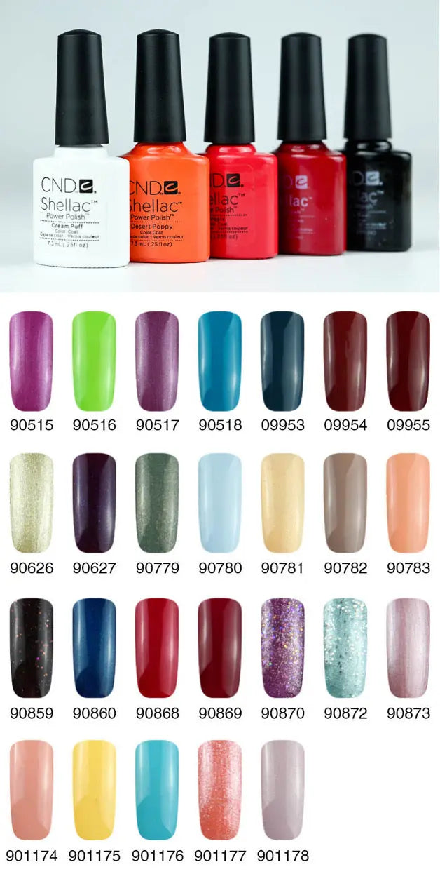 Assorted vibrant CND Shellac gel nail polish bottles and color swatches displayed in multiple shades from ThinkAtoZ