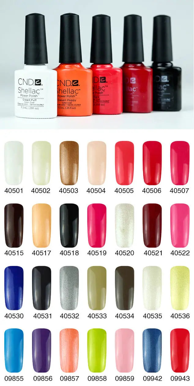 ThinkAtoZ CND Shellac gel nail polish bottles in various colors with shade samples and codes