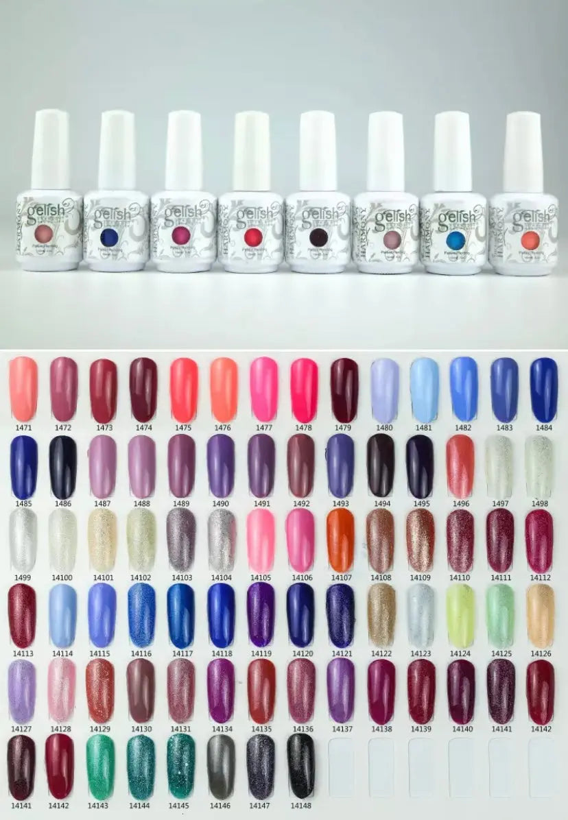 Gelish Harmony Gel Nail Polish collection with various colors and Gelish soak off gel polish Foundation top it off structure gel ph bond