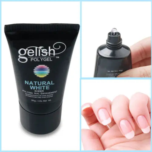 ThinkAtoZ Gelish PolyGel nail extension in natural white tube with application and finished nails