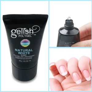 ThinkAtoZ Gelish PolyGel nail extension in natural white tube with application and finished nails