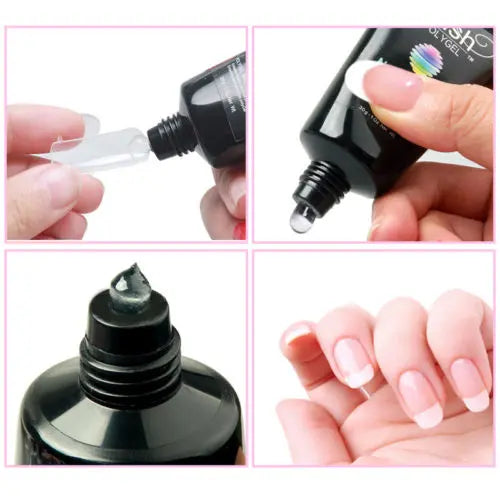 Gelish PolyGel nail extension application process showing builder gel tube and finished natural nails