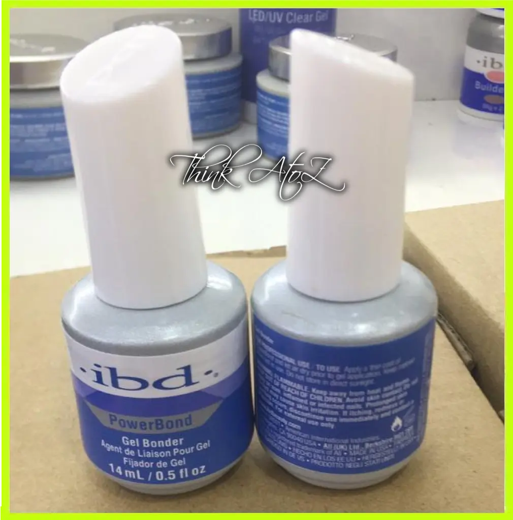 ibd PowerBond gel bonder bottles with white caps and blue labels for nail gel application