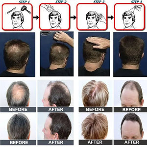 Keratin hair fibers refill bag showing step-by-step application and before and after results on thinning hair