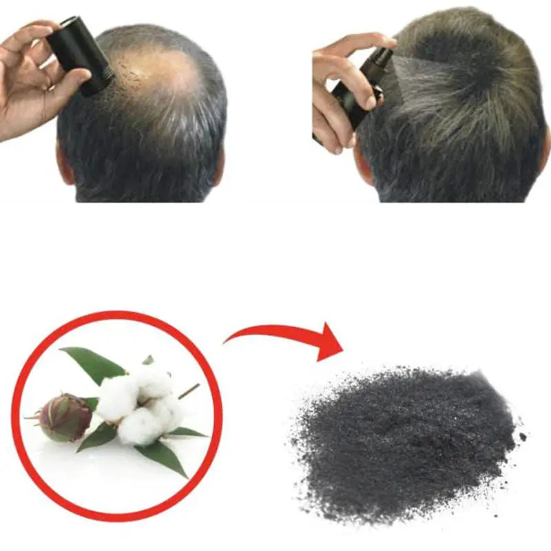 Applying keratin hair fibers refill bag to thinning hair with natural cotton fiber source shown