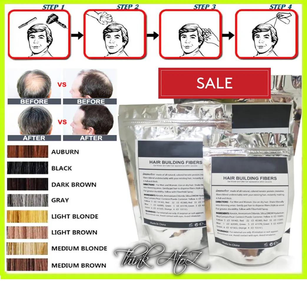 Keratin hair fibers refill bag 25g for Toppik bottles by ThinkAtoZ with before and after hair coverage results