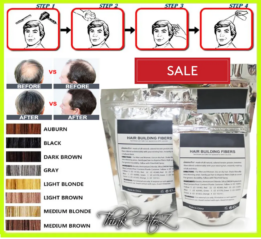 Keratin hair fibers refill bag 25g for Toppik bottles by ThinkAtoZ with before and after hair coverage results