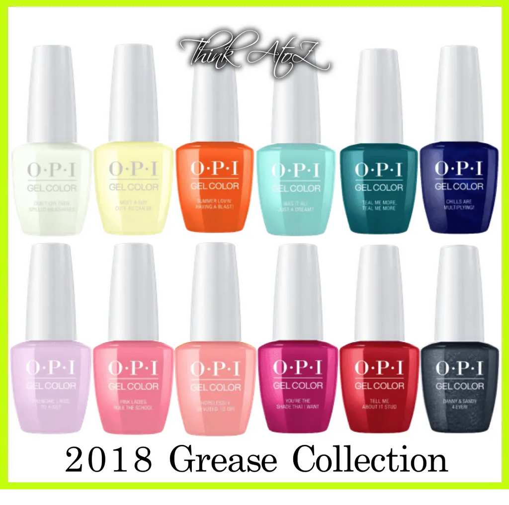 OPI Grease Collection gel polish set with 12 vibrant soak off gel nail polish bottles from ThinkAtoZ