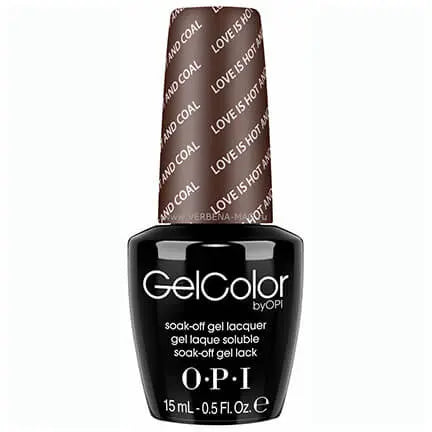 OPI Gelcolor soak off gel polish bottle in black and brown with Love is Hot And Coal label