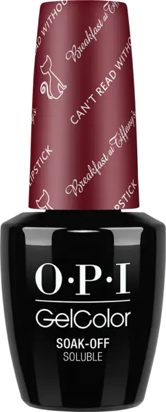OPI Gelcolor Soak Off Gel Polish bottle in black with burgundy cap featuring white text and designs