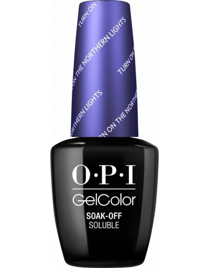 OPI Gelcolor Soak Off Gel Nail Polish bottle in black with purple cap from ThinkAtoZ turn on the northern lights