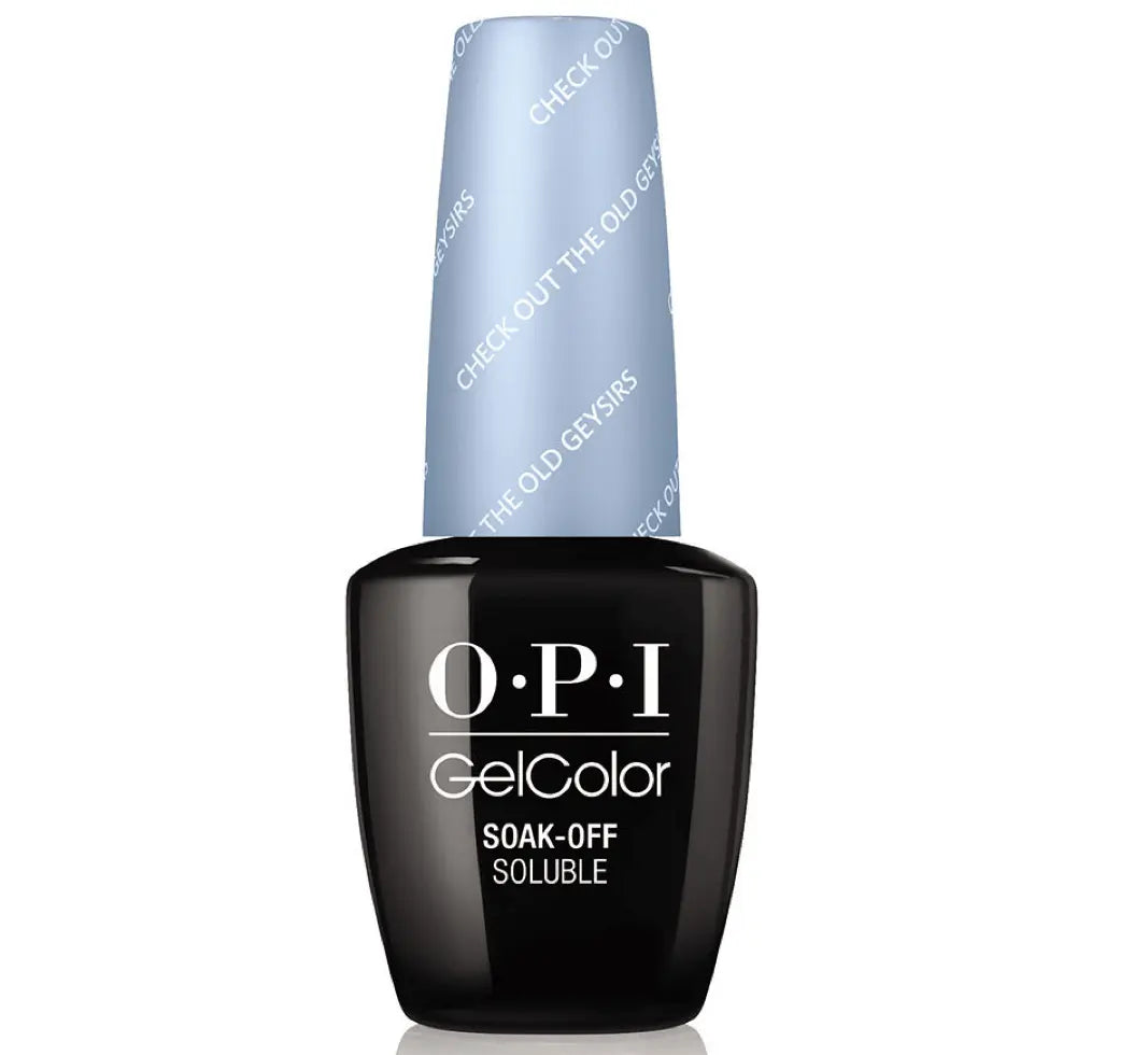 OPI Gelcolor Soak Off Gel Nail Polish bottle in black with light blue cap by ThinkAtoZ check out the old geysirs